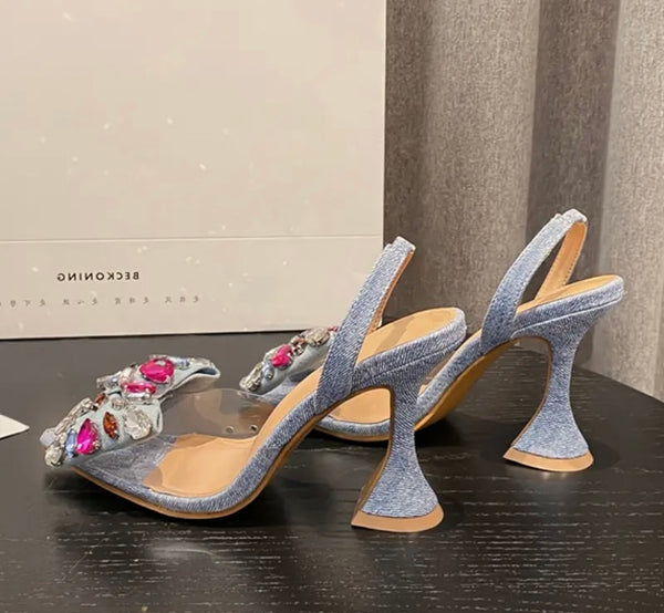 Women Fashion Crystal Bow Denim High Heels