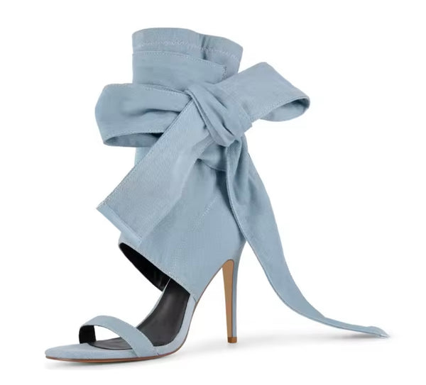 Women Fashion Denim Open Toe Bow High Heel Ankle Boots