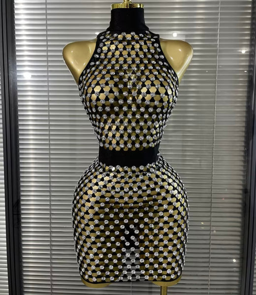 Women Sleeveless Open Back Rhinestone See Through Dress