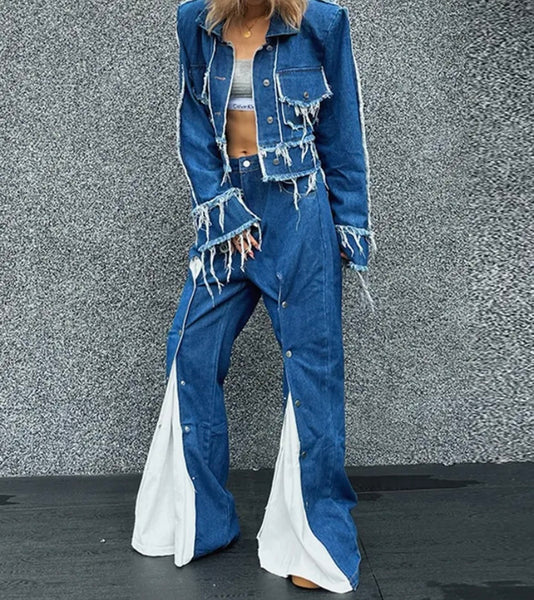 Women Fashion Fringe Denim Jacket Two Piece Color Patchwork Pant Set