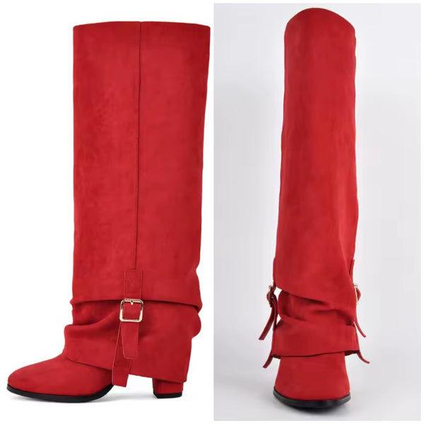Women Fashion Red Suede Ruched Buckle Knee High Boots