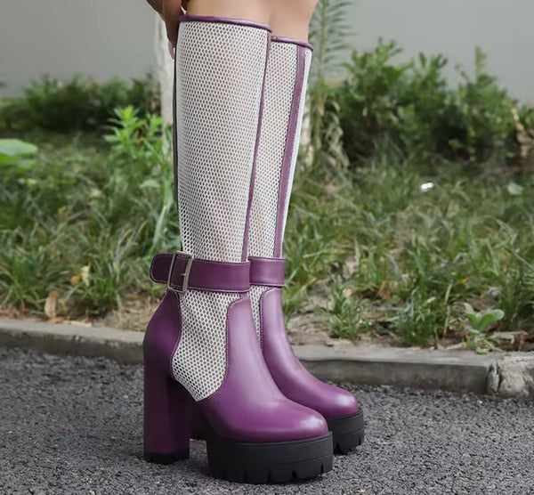 Women Color Buckled Mesh Platform Knee High Fashion Boots