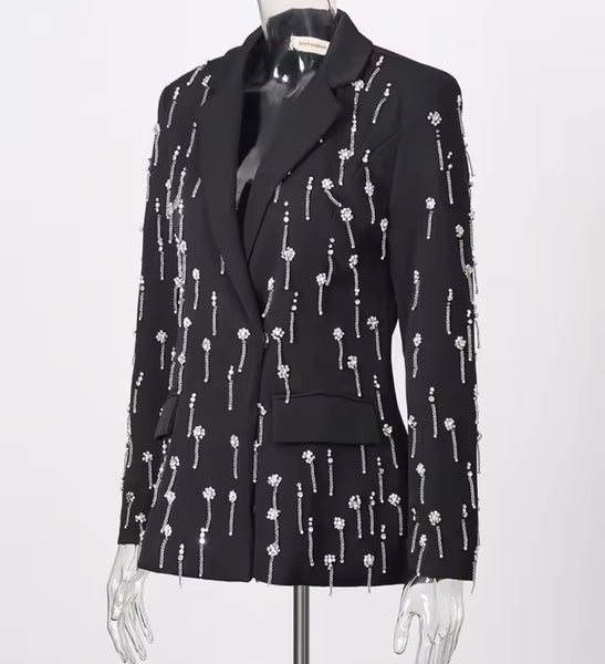 Women Fashion Rhinestone Tassel Blazer Two Piece Pant Set