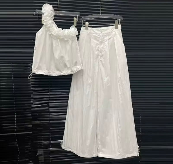 Women Ruffled One Shoulder Two Piece Wide Leg Pant Set