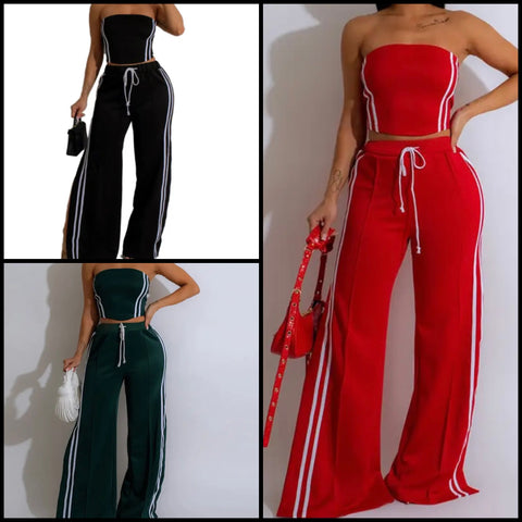 Women Color Sexy Strapless Striped Two Piece Pant Set