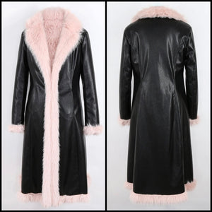 Women Warm Fashion Faux Leather Black Faux Fur Trench Jacket