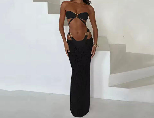 Women Sexy Strapless Metal Cut Out Bikini Lace Cover Up Set