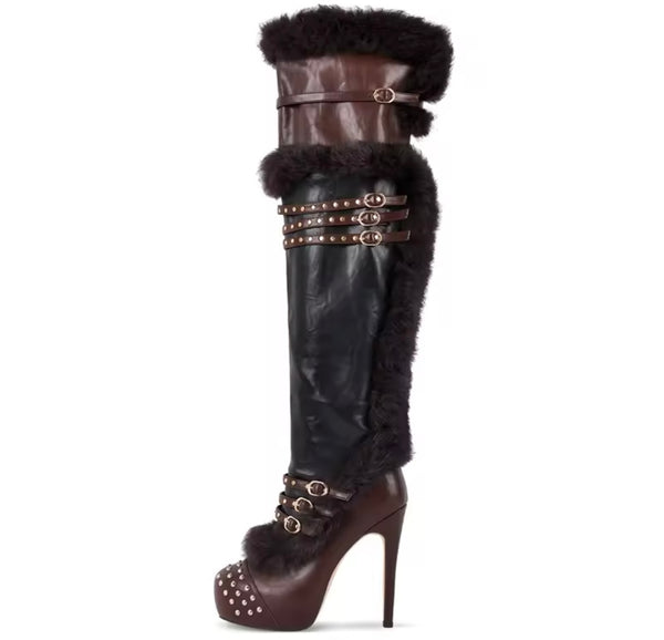 Women Fashion Fur Rivet Buckled Color Patchwork Knee High Boots