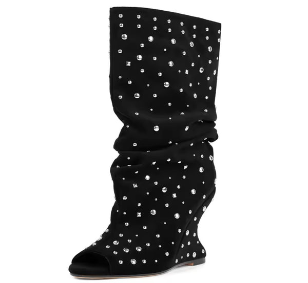 Women Fashion Open Toe Rivet Wedge Ruched Knee High Boots