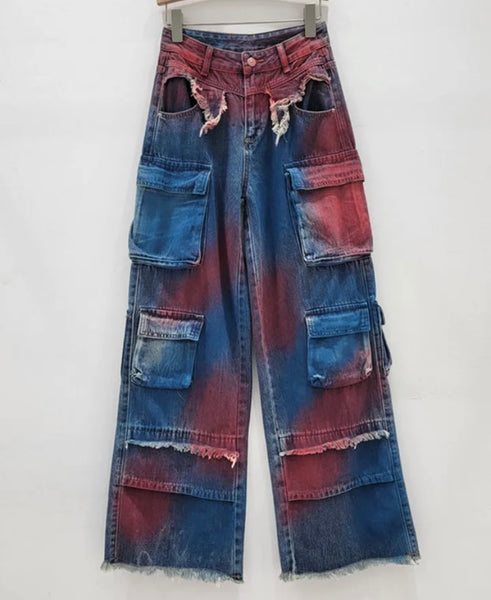 Women Fashion Color Patchwork Cargo Denim Wide Leg Pants