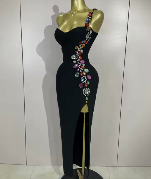 Women Black One Shoulder Sleeveless Colorful Crystal Maxi Dress