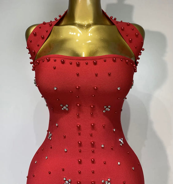 Women Sexy Halter Sleeveless Beaded Rhinestone Maxi Dress