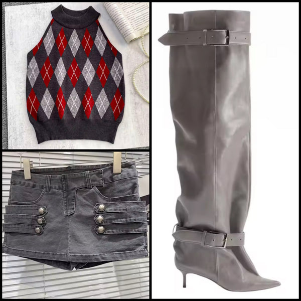 Women Pointed Toe Double Buckle Knee High Boots