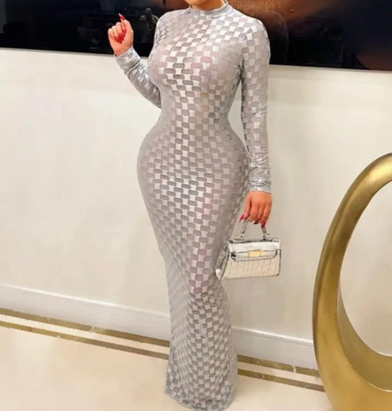 Women Sexy Printed See Through Full Sleeve Maxi Dress