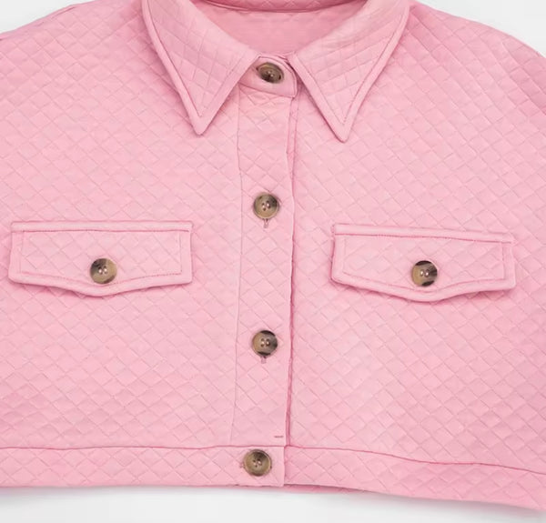 Women Fashion Pink Button Up Quilted Crop Jacket