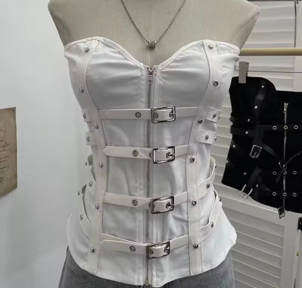 Women Strapless Zip Up Buckled Rivet Corset Top