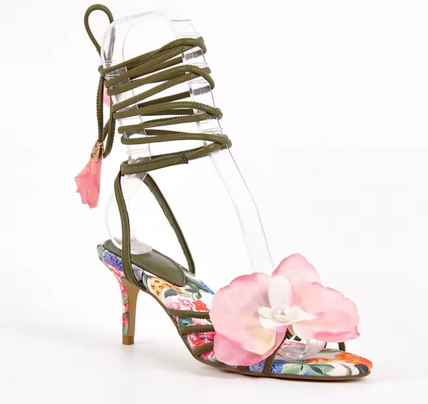 Women Fashion Floral Lace Up High Heel Sandals