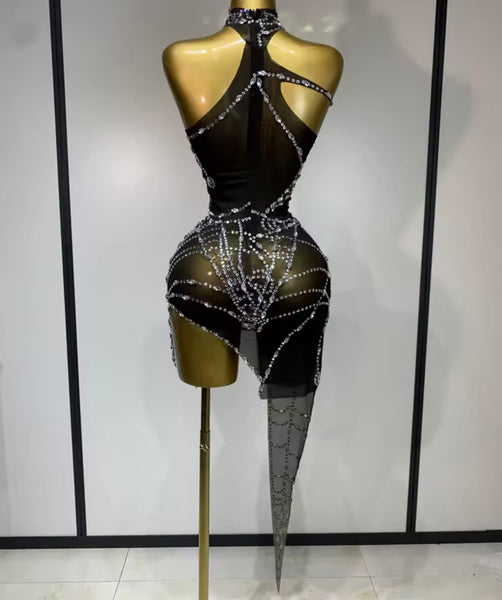 Women Sleeveless Asymmetrical Rhinestone Mesh Dress