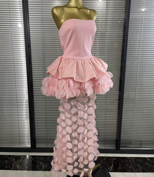 Women Sexy Strapless Ruffle Floral Mesh Patchwork Maxi Dress