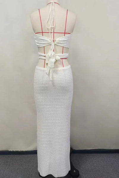 Women White Sexy Sleeveless Criss Cross Cut Out Knitted Maxi Dress