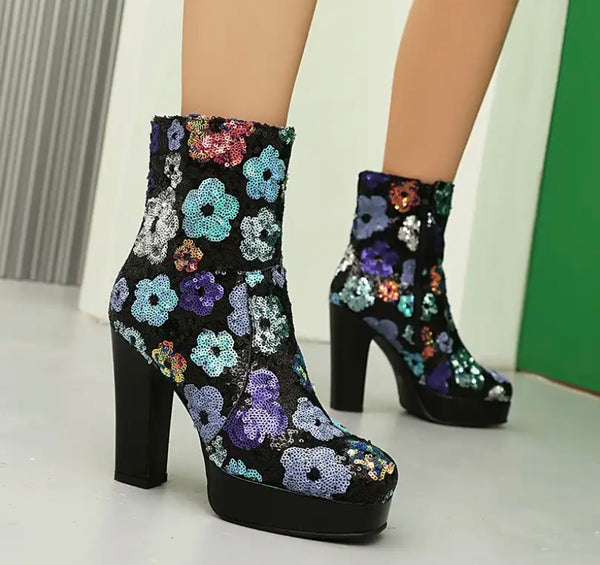 Women Fashion Black Sequins Floral Patent Leather Platform Ankle Boots