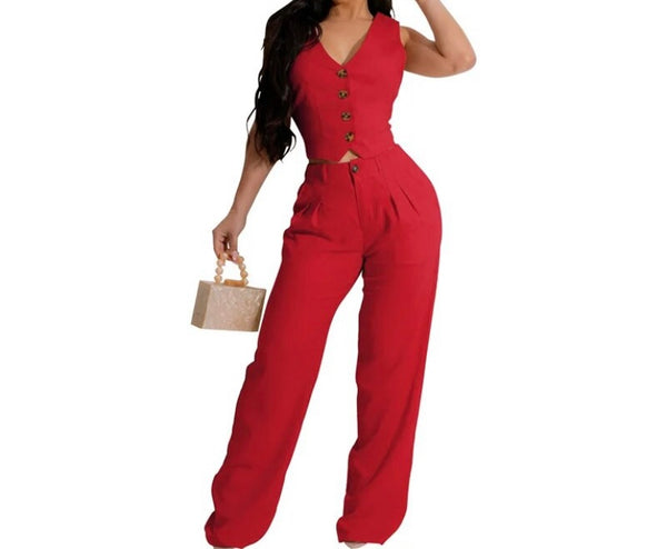 Women Fashion Button Up Two Piece Sleeveless Pant Set