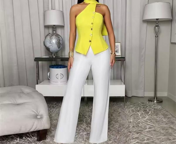 Women Button Up Halter Sleeveless Two Piece Pant Set