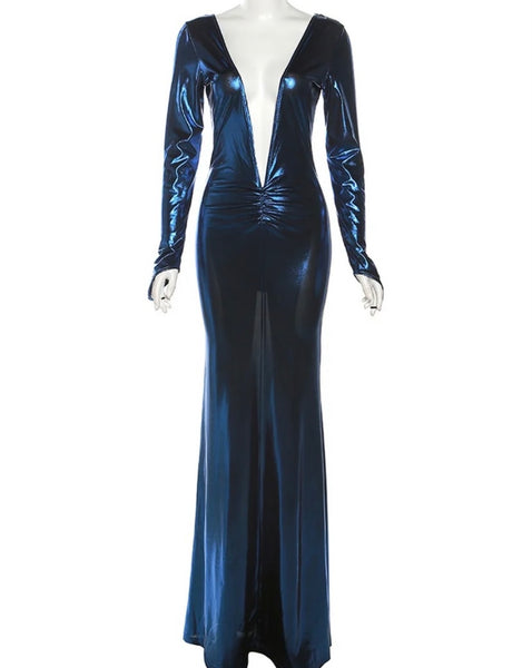 Women Sexy Blue Deep V-Neck Full Sleeve PU Maxi Dress