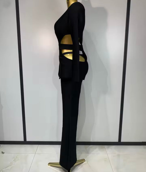 Women Black Fashion Hollow Out Full Sleeve Blazer Two Piece Pant Set