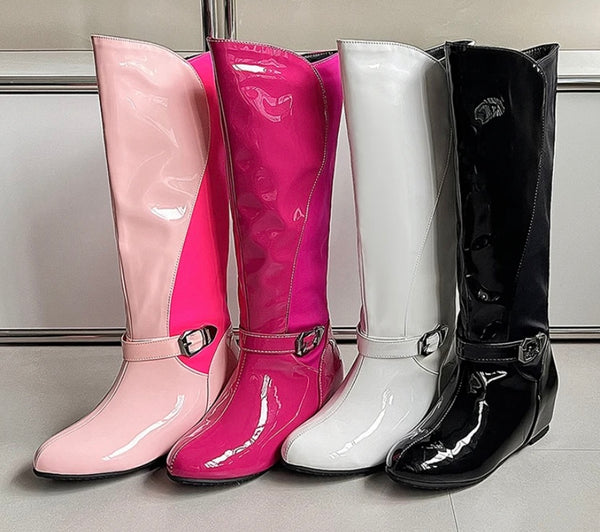 Women Fashion Buckle Platform Patent Leather Knee High Boots