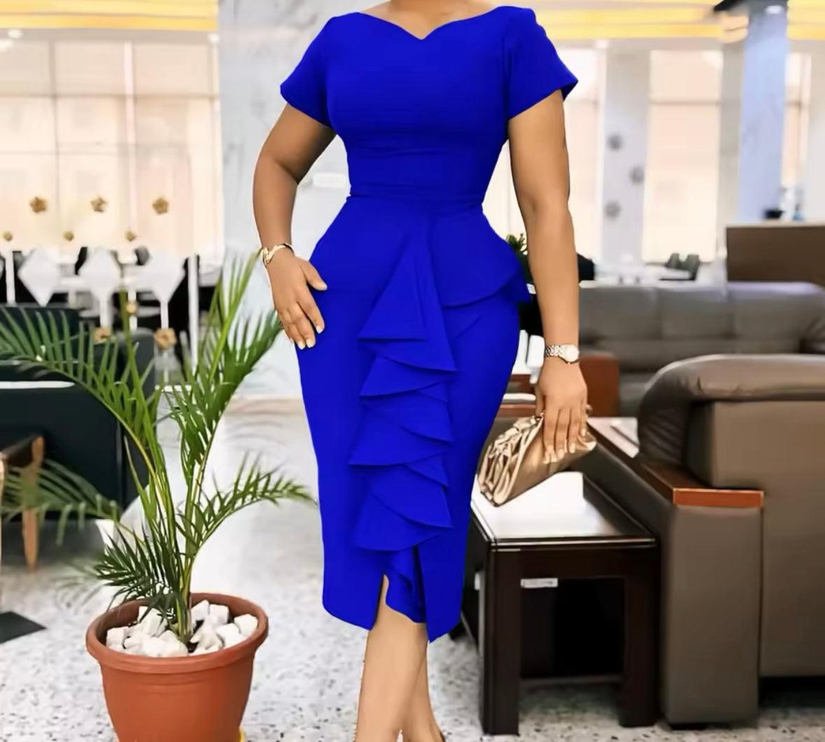 Women Sexy Short Sleeve Solid Color Ruffled Dress