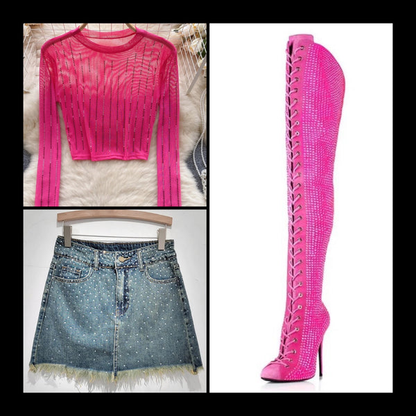 Women Pink Lace Up Rhinestone Fashion Knee High Boots