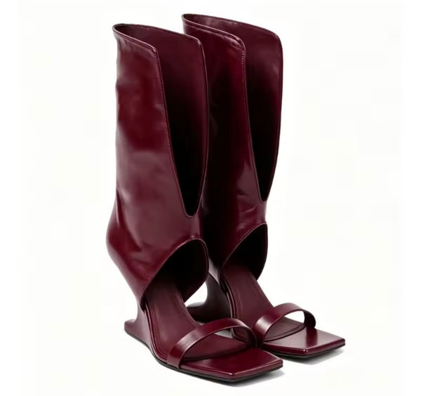 Women Faux Leather Fashion Open Toe Wedge Mid-Calf Boots