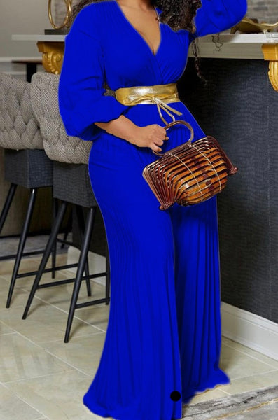 Women Sexy V-Neck Full Sleeve Belted Pleated Jumpsuit
