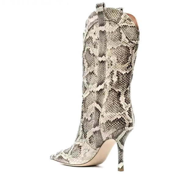 Women Pointed Toe Snake Print High Heel Boots