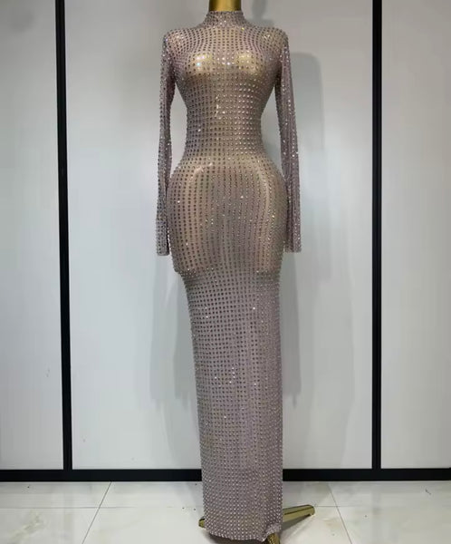 Women Sexy See Through Mesh Bling Full Sleeve Maxi Dress