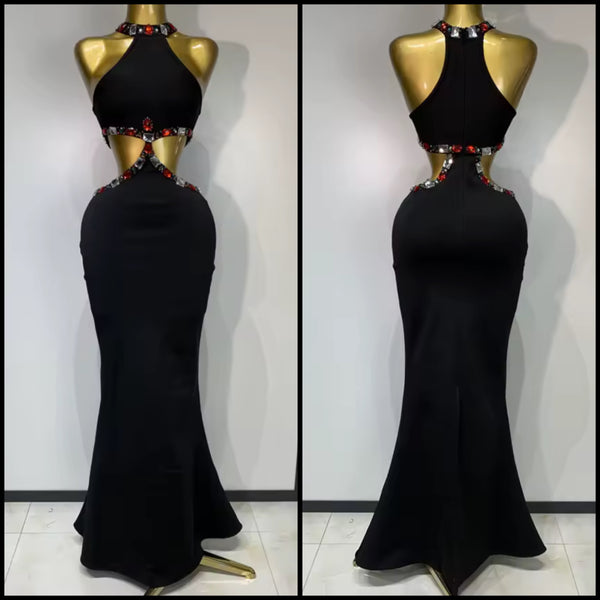 Women Sleeveless Black Color Crystal Sexy Cut Out Maxi Dress