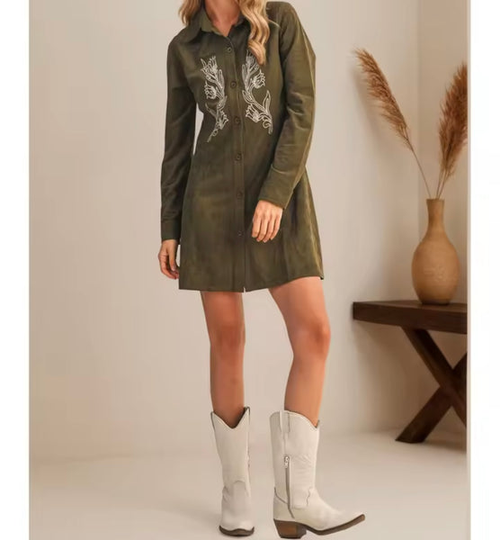 Women Fashion Printed Full Sleeve Button Up Suede Dress