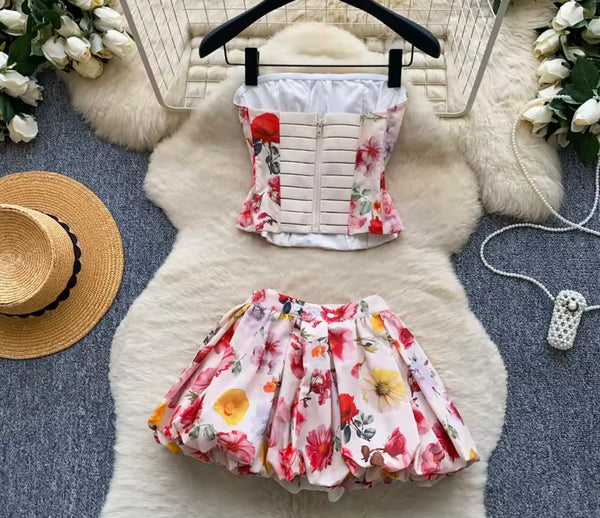 Women Sexy Colorful Floral Strapless Two Piece Skirt Set