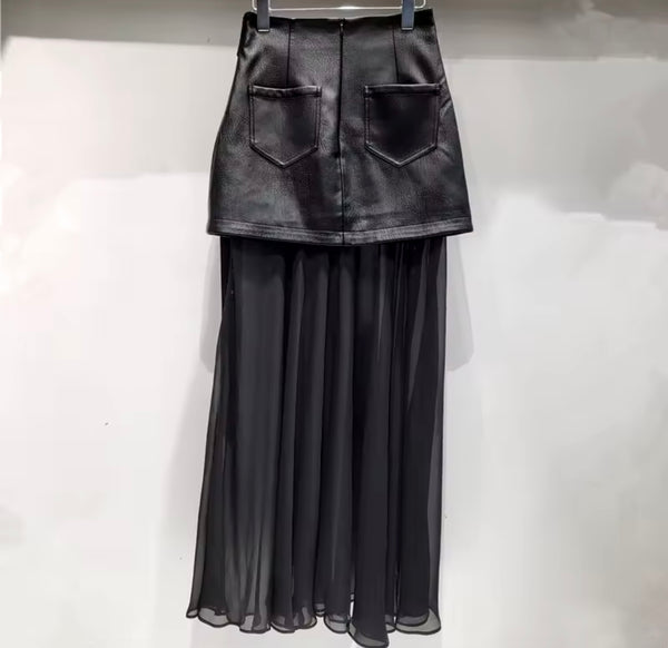 Women Fashion Black Faux Leather Mesh Patchwork Maxi Skirt