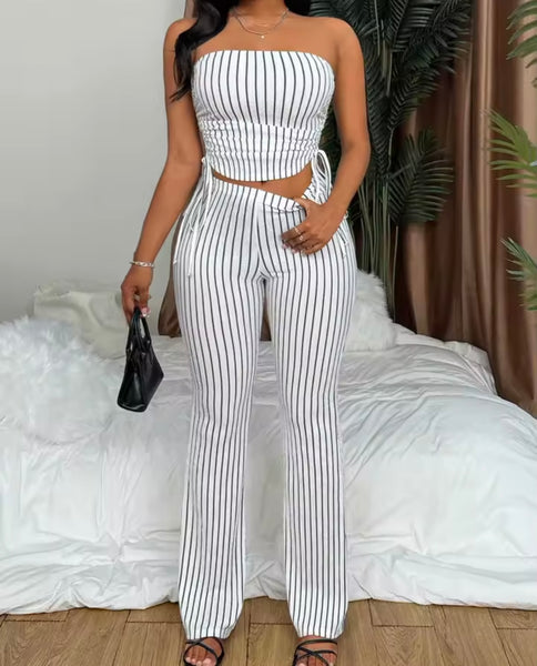Women Strapless B&W Striped Tube Top Two Piece Pant Set