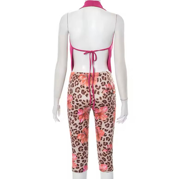Women Sexy Sleeveless Two Piece Leopard Print Pant Set
