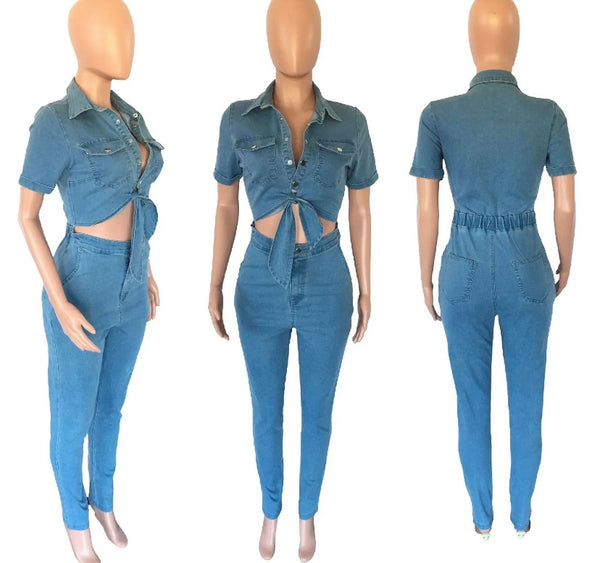 Women Short Sleeve Cut Out Sexy Denim Jumpsuit