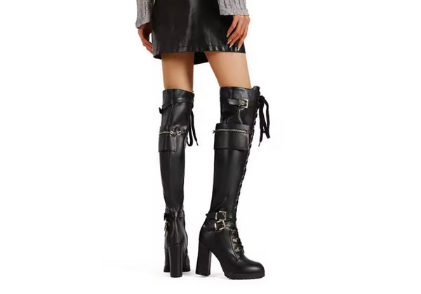 Women Fashion Pocket Buckled Lace Up Platform Knee High Boots