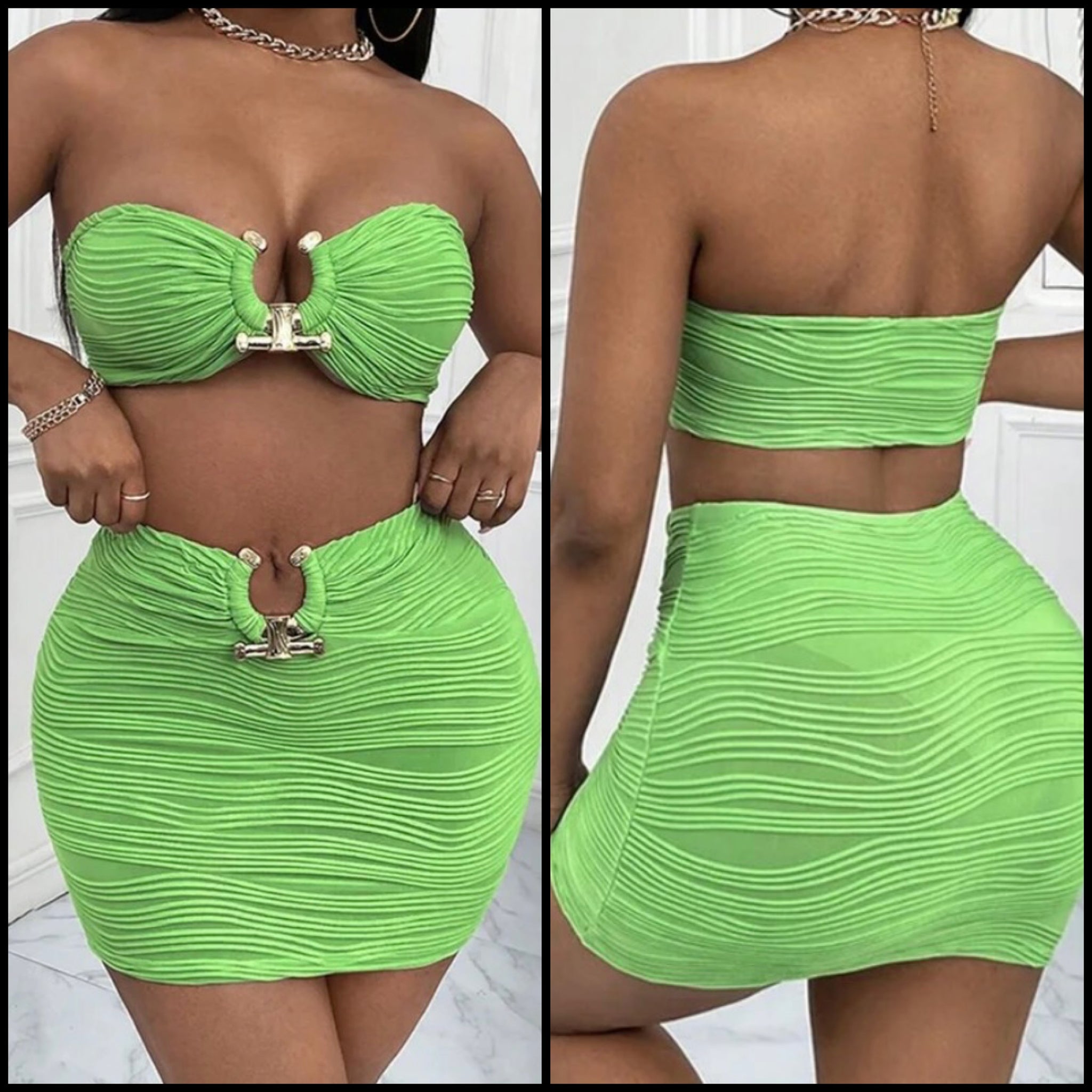 Women Sexy Metal Strapless Crop Two Piece Green Skirt Set