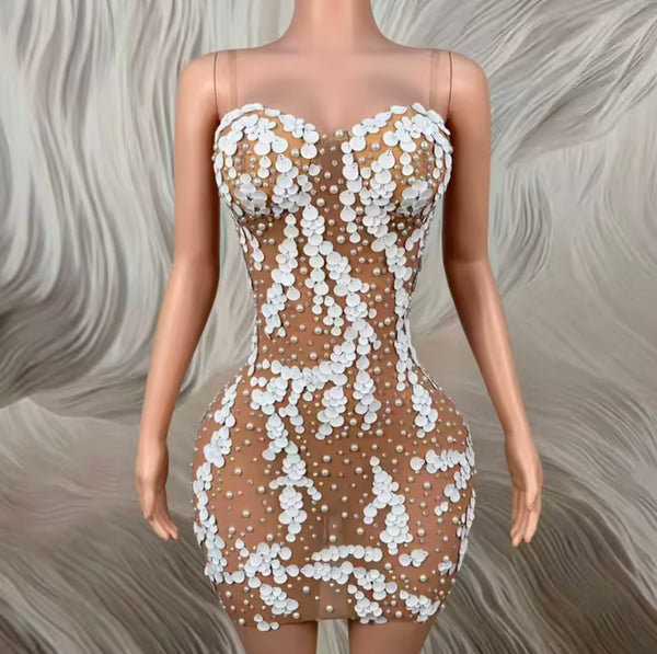 Women Sexy Sleeveless White Beaded Sequins Mesh Dress