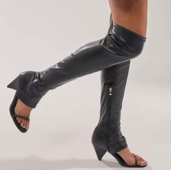Women Fashion Faux Leather Open Toe Knee High Boots