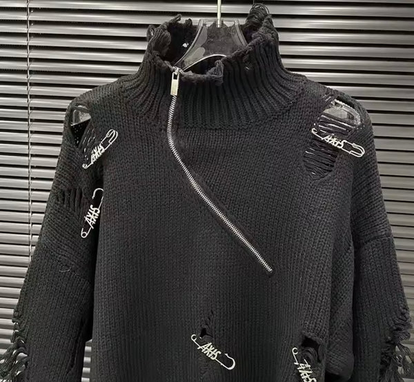 Women Turtleneck Ripped Safety Pin Asymmetrical Zip Up Sweater Top