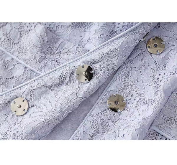 Women Fashion Blue Lace Full Sleeve Blazer Two Piece Pant Set