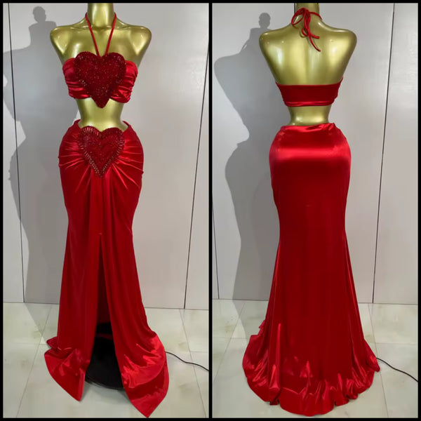 Women Red Halter Sleeveless Bling Heart Two Piece Maxi Skirt Set